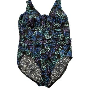 LANDS' END Women's 20 Blue Purple Floral One Piece Swimsuit Ruched Tummy Control